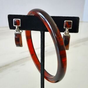 Amber Faux Tortoise Shell Bangle Bracelet Clip-on Silver Tone Drop Earring -Vtg